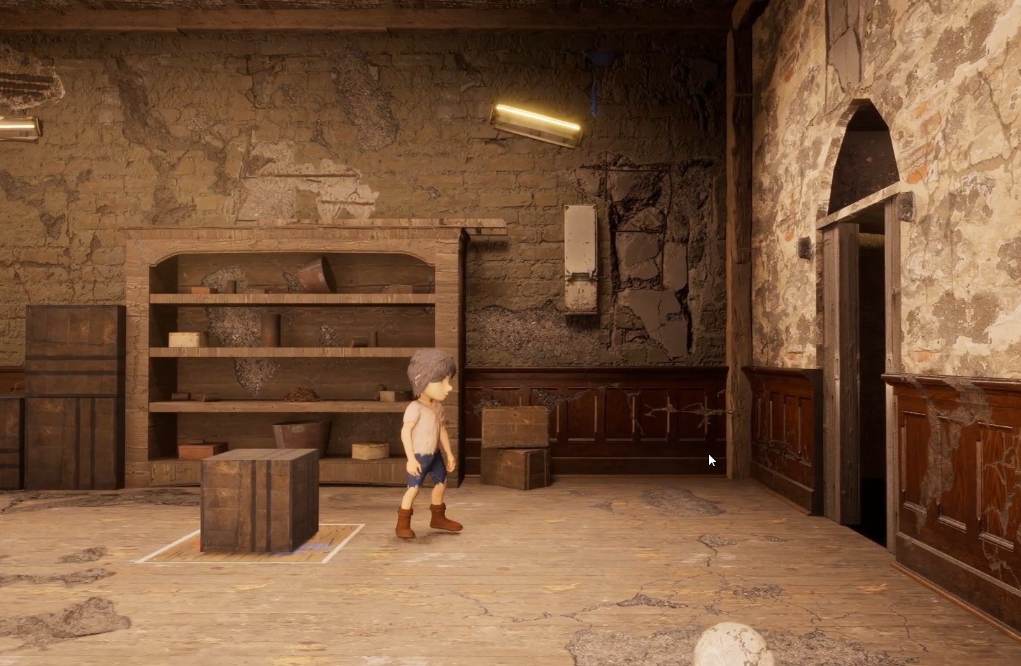 Lighting the way with a flare in a mossy stone cellar